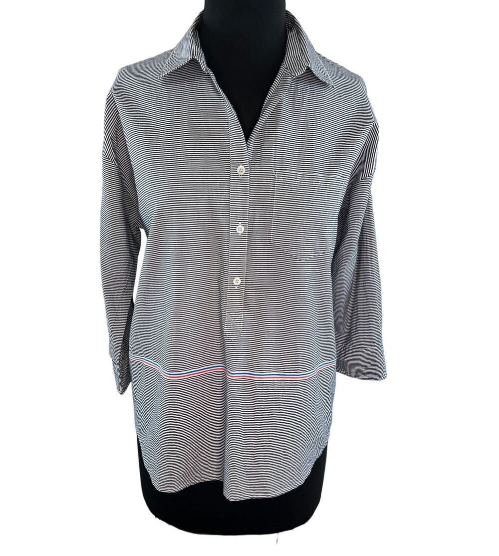 J Crew Black White Striped Roll Tab Sleeve Cotton Boyfriend Popover Size 4